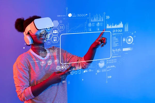 A user engages with virtual reality technology, exploring data analytics and marketing strategies, showcasing innovative ways to visualize business insights for informed decisions. XDMCP