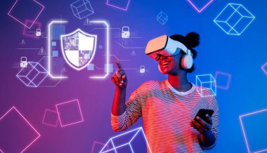 A diverse woman enthusiastically interacts with a virtual reality headset, promoting cyber security and data privacy through engaging graphics and innovative technology. XDMCP