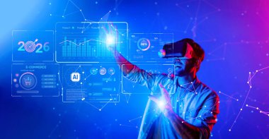 A person interacts with a virtual reality setup that showcases advanced data analytics and marketing insights for the year 2026, featuring artificial intelligence and NLP tools. XDMCP