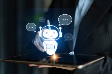 Yapay zeka sanal asistanı kullanıcılarla yapay zeka konuşma baloncukları aracılığıyla iletişim kuruyor, yapay zeka otomasyonunu, akıllı iletişimi ve yapay zeka desteğini simgeliyor.