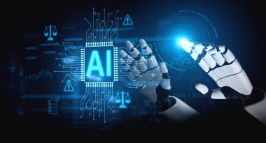 Yapay zeka kontrol sistemini yasal denge, siber güvenlik uyarıları, uyum simgeleri ve dijital devre kartı tasarımı ile gösteren yapay zeka kontrol sistemi