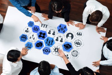 People networking and digital community with teamwork, partnership, collaboration and connection icons showing modern communication and relationship building. Entice