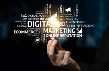 A creative visual representation of digital marketing concepts. The hand showcases keywords related to online presence, branding, and social networking, emphasizing modern business strategies. Tessel