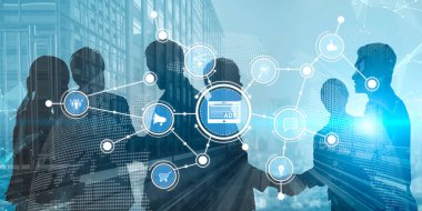 Silhouettes of business professionals engage in a strategic discussion on digital marketing solutions, emphasizing collaboration and technology in a modern city backdrop. Tessel