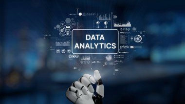 An innovative robotic hand showcases the concept of data analytics, featuring visual elements like charts and graphs, emphasizing modern technology in business intelligence. Synapse