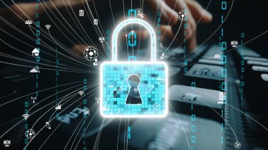 This image represents the concept of digital security with a glowing padlock at the center, surrounded by various icons that symbolize data protection and cyber security. Xenic