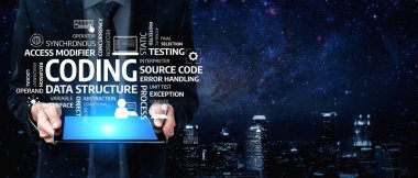A person holds a tablet displaying vibrant coding terms, set against a dreamy city skyline under a starry sky, symbolizing the fusion of technology and creativity. Tessel