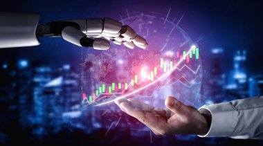 A futuristic concept showcasing the interaction between a human hand and a robot hand over digital financial graphs, symbolizing technological advancement and collaboration. Impute