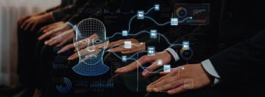 Individuals in suits engage with digital technology, representing the convergence of business and innovation in data analysis and communication strategies. Trope