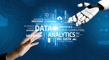 This image depicts a human hand reaching out to a robotic hand, symbolizing collaboration in data analytics, machine learning, and technological advancements. Tessel