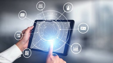 Concept of marketing online strategy using digital marketing, PPC campaigns, social media ads, and SEO analytics. Marketing online improves visibility, digital marketing drives engagement. Gist