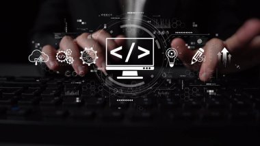 Kodlama sembolleri, web geliştirme süreci, web geliştirme arayüzü ve web geliştirme araçlarını içeren modern web geliştirme kavramı. Muxer