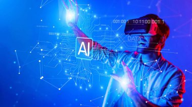 A young man explores virtual reality and artificial intelligence in a striking digital landscape, highlighting the fusion of technology and human experience. Raster