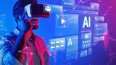 A young man engages with a virtual reality headset, immersed in a dynamic artificial intelligence environment featuring digital screens and vibrant graphics for a tech-savvy experience. Raster