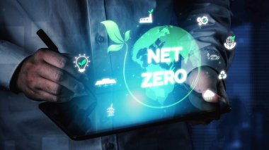 Çevresel denge, dijital sürdürülebilirlik ikonları, yeşil enerji hedefleri ve gelecek için eko-bilinçli dijital iş dönüşümü ile ağ sıfır ve sürdürülebilirlik kavramları. Muxer