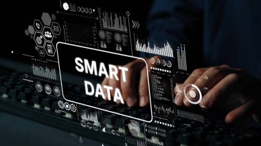 Hands Typing on Keyboard with Digital Smart Data Interface, Analytics, and Technology Concepts in Modern Workspace Environment. Asymptotic smart data analytic.