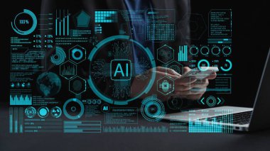 A business professional engages with advanced AI data visualizations on a laptop, surrounded by digital graphs and analytics in a sleek office environment. Cipher