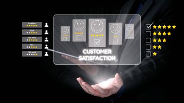 Değerlendirme sistemleri ile müşteri memnuniyetini vurgulayan, geri bildirim emojileri, metrik değerlendirmeler ve bir iş bağlamında kullanıcı etkileşimi içeren modern bir dijital sahne. Dörtgen