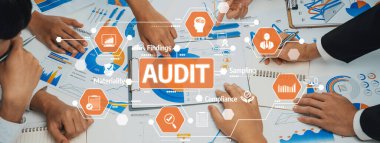 Visual depiction of a collaborative audit process featuring hands engaged with charts and data visuals, emphasizing key elements such as compliance and findings for effective reporting. Amity