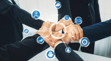 Hands joining together symbolize collaboration in a professional context, with icons showcasing various business strategies and technological solutions for effective management. Amity