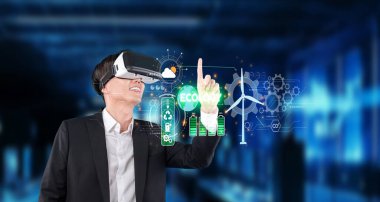 A businessman utilizes virtual reality technology to explore innovative eco-friendly solutions that promote sustainability and renewable energy for a better future. XDMCP