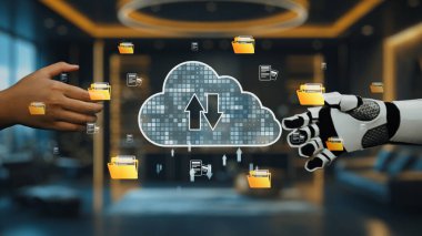 Bir insan eli ve robotik kol değişiminin modern teknolojiyi ön plana çıkaran dijital veri transferinin büyüleyici bir temsili. Auvana