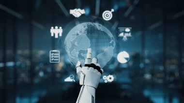 Fütüristik bir robot el dijital simgelerle çevrili, iş dünyası, iletişim ve yenilik yolları üzerindeki teknolojik etkiyi temsil eden 3 boyutlu bir küreyi işaret eder. Auvana