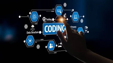 A modern coding interface showcasing touch interaction, with illustrations of data structures, testing, and software processes set against a dark background. Tessel