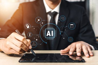 Artificial Intelligence AI as a core technology. A concept of an AI ecosystem powering data analysis, machine learning, and global networks. Motif