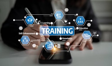 A professional engages in a hands-on training session, surrounded by digital icons representing education, knowledge, and skill enhancement in the workplace. Tessel