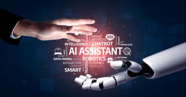 A human hand reaches out to a robotic hand, symbolizing partnership between humans and artificial intelligence in a digital landscape focused on innovation. Tessel