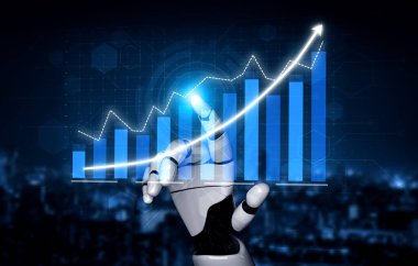 A robotic hand showcasing a data visualization of business growth with a rising graph in a high-tech digital environment, symbolizing innovation and analytics. Impute