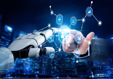 A captivating image of a robot hand reaching out to connect with a human finger against a futuristic city backdrop. Symbols and data connections highlight innovation. Tessel
