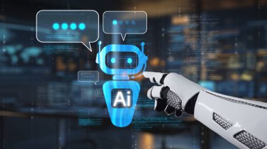A robotic hand is interacting with an illustrated AI chatbot in a modern digital environment, highlighting the advancements in communication between humans and machines. Auvana