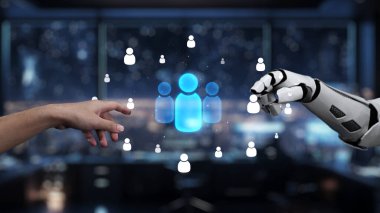 This image illustrates the connection between humans and robots in a futuristic workspace, emphasizing collaboration and innovation in technology-driven engagement. Auvana