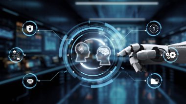 This captivating image illustrates a futuristic interaction between human and robot, emphasizing concepts of technology and artificial intelligence in a modern digital environment. Auvana