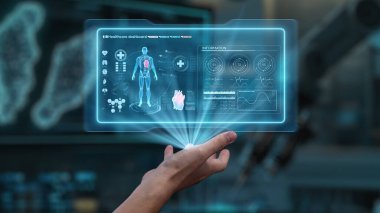 Laboratuvar arka planında yüzen insan anatomisi hologramına yakın çekim. Tıbbi verilere el erişimi ve bağlantı kurmak için X ışını ikonunu kullanarak semptomları analiz etmek ve teşhis etmek. Sağlıklı..