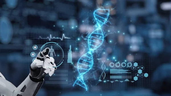 Bulanık laboratuvar arka planına sahip DNA hologramına robotik el gösterimi ve dokunuşlarını kapat. Tıbbi verilere erişmek ve onları teşhis semptomlarına bağlamak için robot el DNA ikonuna tıklıyor. Sağlıklı..