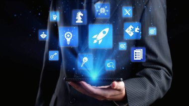 Innovation icons show creativity, teamwork, and project development. Innovation helps organizations design solutions, build strategy, and grow with new business opportunities. Gist