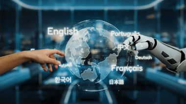 Bir insan eli ve robotik bir el, çeşitli dil etiketleri sergiliyor, teknolojinin ve küresel iletişimin birleşimini sembolize ediyor. Auvana