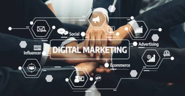 A dynamic image showcasing collaboration in digital marketing, featuring hands coming together, surrounded by graphic icons representing key online concepts and strategies. Amity