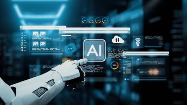 Veri görselleştirmeleriyle dolu dijital ekranda gelişmiş yapay zeka teknolojisiyle etkileşen bir robot kol, otomasyon ve analizdeki gelecekteki yenilikleri temsil ediyor. Auvana