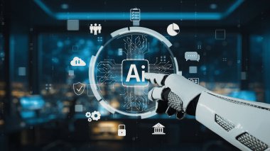 Robot bir el, çeşitli veri simgeleriyle çevrili modern dijital çalışma alanındaki yapay zeka teknolojisiyle etkileşime girer, yenilik sergiler ve iş dünyasındaki otomasyonun geleceğini gösterir. Auvana