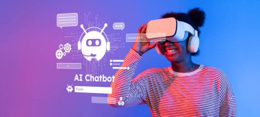 Experience the fusion of AI technology and virtual reality in this captivating image, showcasing a joyful user engaging with an AI chatbot through a modern headset. XDMCP