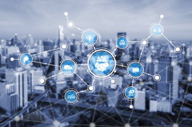 A striking visual of a digital connection network overlaying a city skyline, featuring technology icons that represent various aspects of modern business and innovation. Tessel