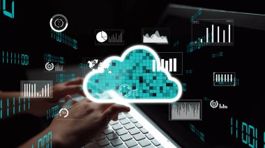 A close-up of hands typing on a laptop keyboard with vibrant digital cloud graphics and data analytics visualizations representing modern technology and financial insights. Xenic