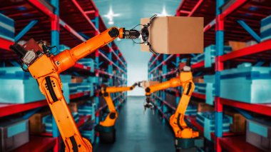 Yenilikçi depo ve fabrika dijital teknolojisi için akıllı robot kol sistemi. İnternet ağına bağlı IOT yazılımı kullanarak endüstri mühendisliği tarafından kontrol edilen otomasyon üretim robotu .