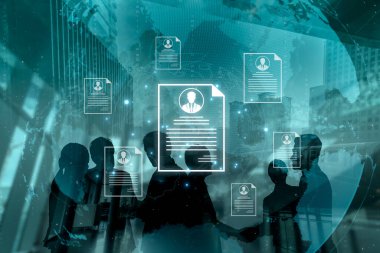 Concept of global talent acquisition and hiring. Human resources department reviewing candidate curriculum vitae and resumes for a job search and workforce selection process. Fermion