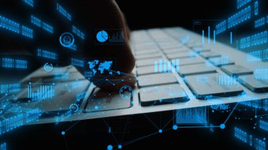 Futuristic Digital Interface with Data Visualization and Keyboard Interaction, Concept of Technology, cyber security, and Big Data Analysis xenic.