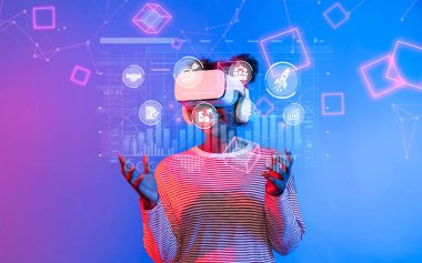 A person wears a virtual reality headset while engaging with digital data visualizations, showcasing modern business analytics and innovative marketing strategies in virtual environments. XDMCP